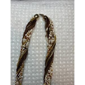 Vintage Honey Beaded Necklace Multi Strand Glass Braided Brown Cream Gold